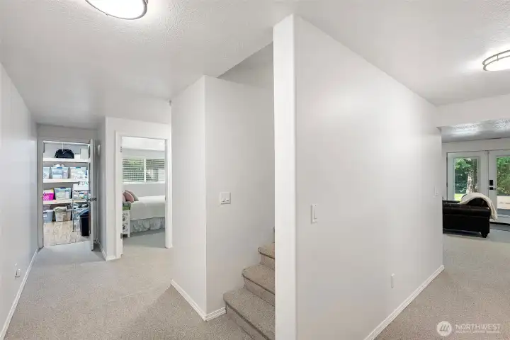 Lower level stairs and hallways.