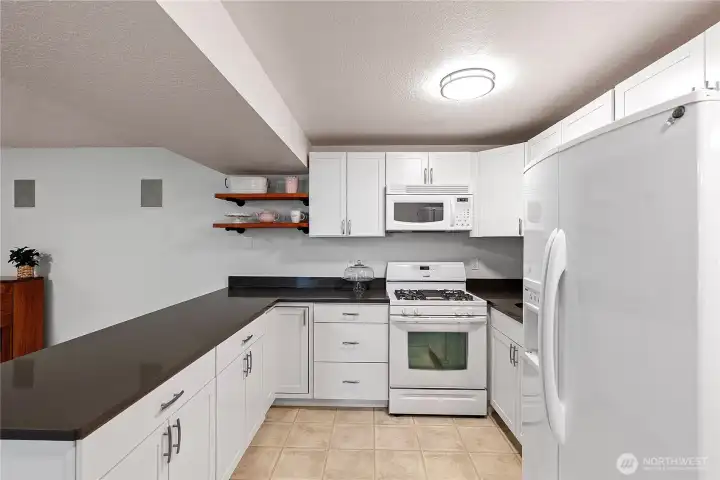 Lower level kitchen with quartz counters.