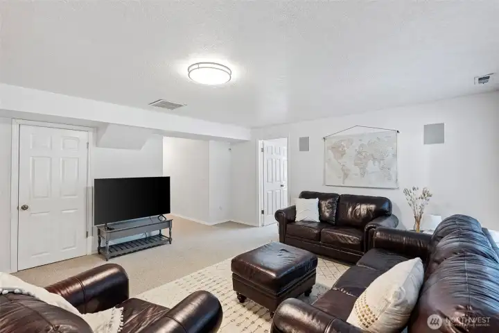 Lower level family room. Door leads to under stairs storage.