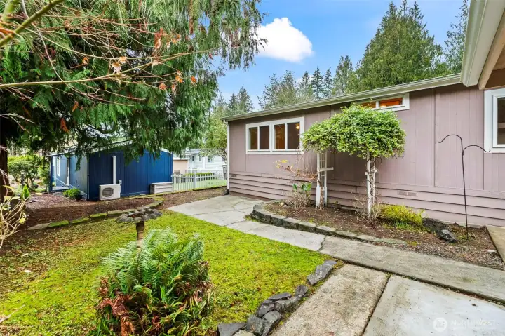 Paved walkways and mature landscaping.