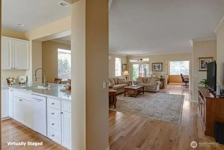Entrance showing the kitchen to the left and living room ahead.