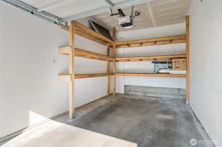 Garage with built in shelvign for additional storage