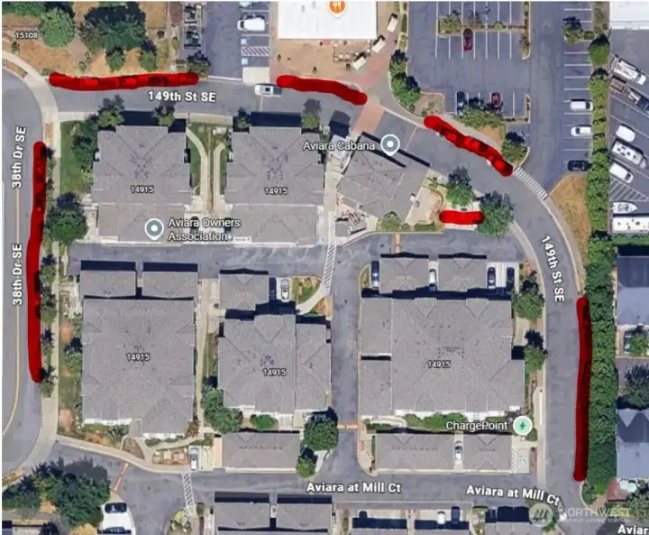 All areas marked in red is available parking