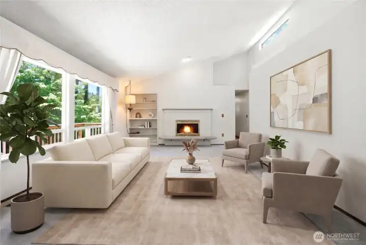 Living room with virtual photos. Notice the high vaulted ceilings with windows at the top that act as skylights!