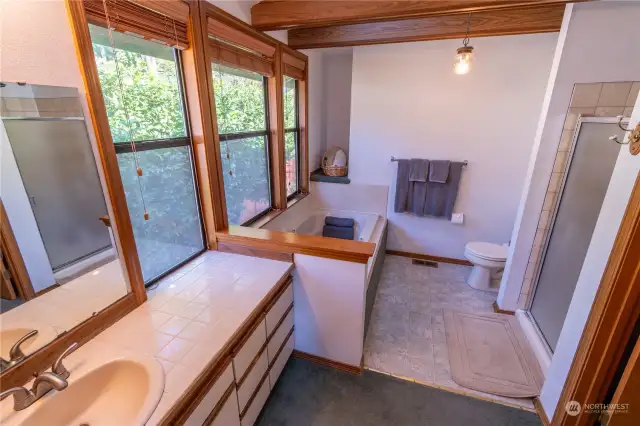 Good size primary bathroom with exposed wood beams, separate shower and Jacuzzi tub for relaxing. Walk in closet off this room.
