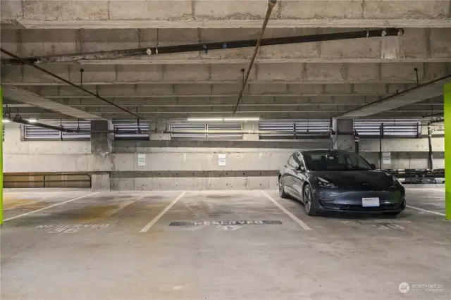 Covered common garage with assigned parking space.