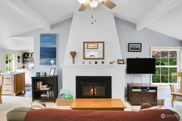 Massive fireplace anchors the room. It is the primary heat source for this part of the home.