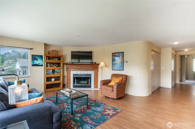 Sunny living area with fireplace