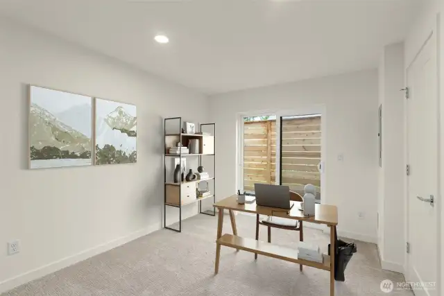 This image is virtually staged. Sliding doors open up to your private outdoor nook—perfect for plants, fresh air, or just letting the sunshine in.