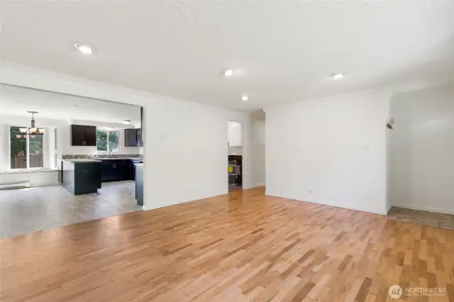Living room adjacent to eat in kitchen