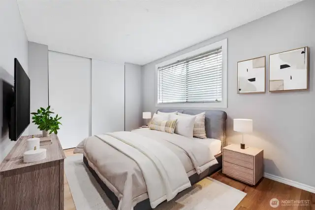 Bedroom is good sized. Virtually staged.