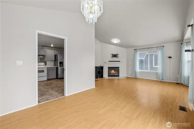 Convenient kitchen located near living and dining areas.