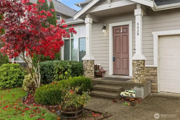 Japanese Maple stands among nice landscaping at this pillared front step--a welcoming entry!