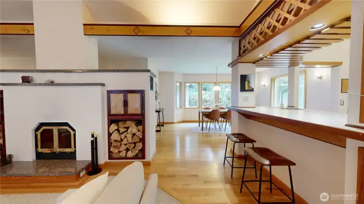 Eating bar looking toward dining area