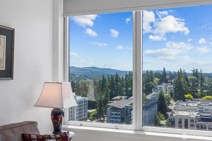 Guest bedroom positioned near updated full bath with Mountain views.