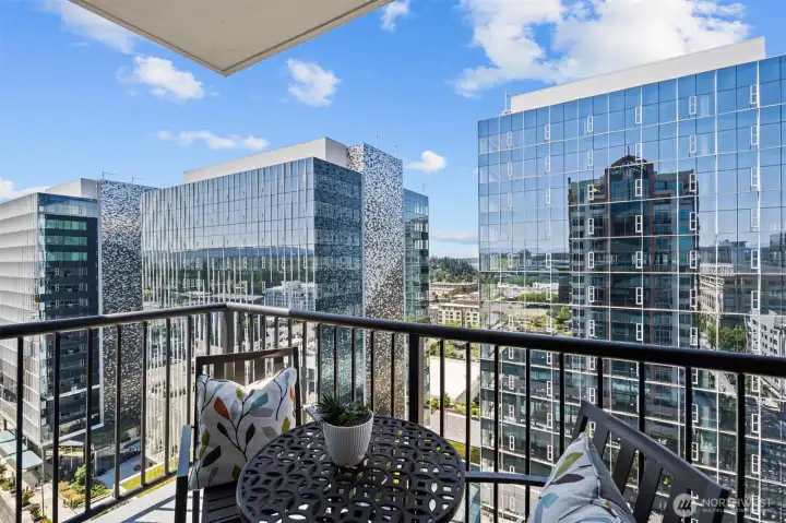 Elevated perspective capturing water and city views from main living area.