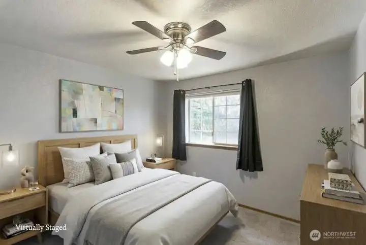 The inviting primary bedroom offers stunning views of the serene back greenbelt, creating a peaceful and tranquil atmosphere. This exceptionally spacious room features a generous walk-in closet, providing ample storage and organization for all your belongings.