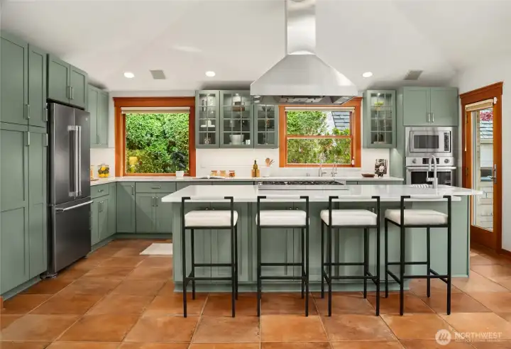Updated kitchen with large island.