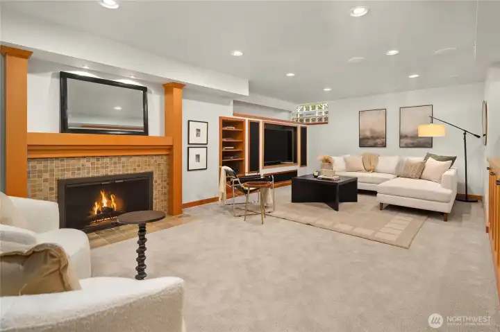 Bonus room with media center, built-ins, and wood-burning fireplace.