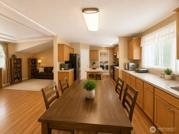 The heart of the home features an inviting open-concept design that seamlessly connects the kitchen, dining area, and living spaces. Ample cabinetry, generous counter space, a center island, and large windows create a bright and functional kitchen, while the adjacent dining area provides the perfect setting for everyday meals and gatherings. The open layout offers excellent flow for entertaining and comfortable day-to-day living.