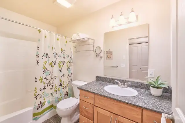 Guest bathroom, granite counters and floors.