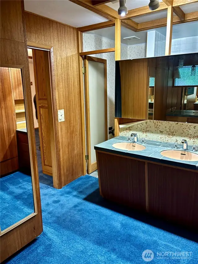Primary bath with separate shower/tub and commode through doorway, this room is your closet and duel sinks. Bathroom is in need of attention.