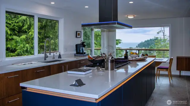 Silistone quartz countertops in "Stellar Snow" have fold-down electrical outlets in the island. Zephyr Luce' island hood has ambient lighting in amber, white, or blue. Insinkerator instant hot/cool filtered water dispenser and 30" Silgranit sink with Grohe faucet.  Saphire dishwasher with extra 3rd drawer for long utensils.