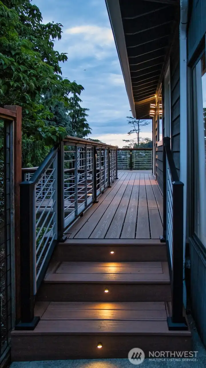 Custom Trex deck and lighting is well-crafted and functional.