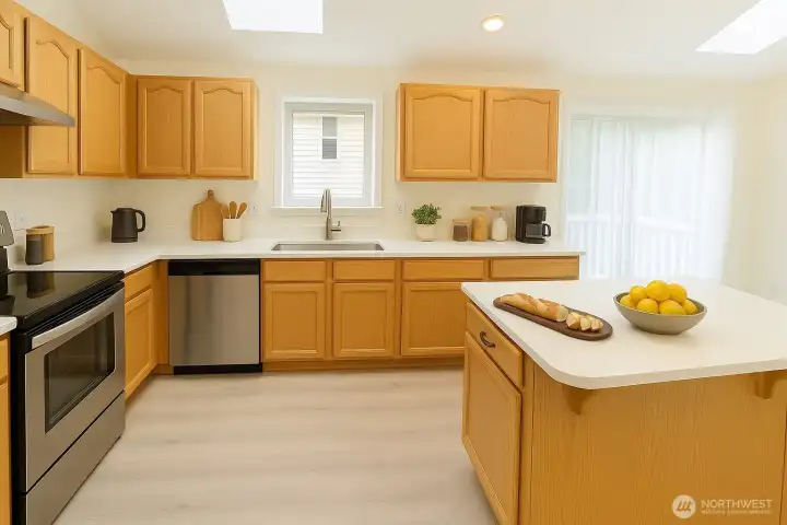 Gleaming new Quartz countertops with a stylish under-mount sink - Virtual staged