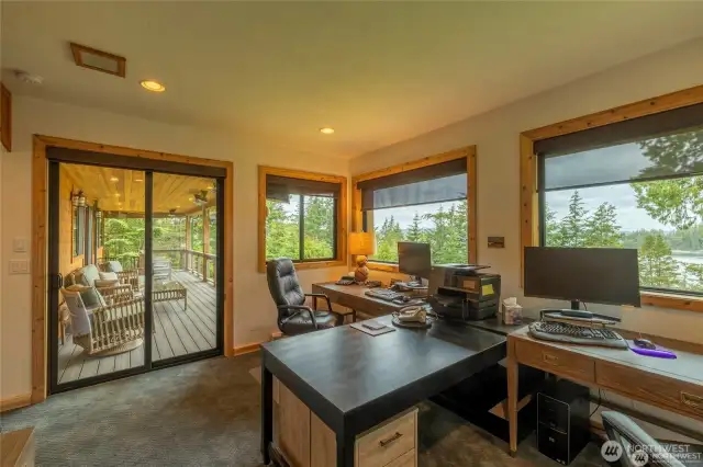 Office downstairs with views and a covered deck
