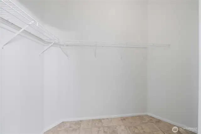 Large walk-in closet offers organized and ample storage space.