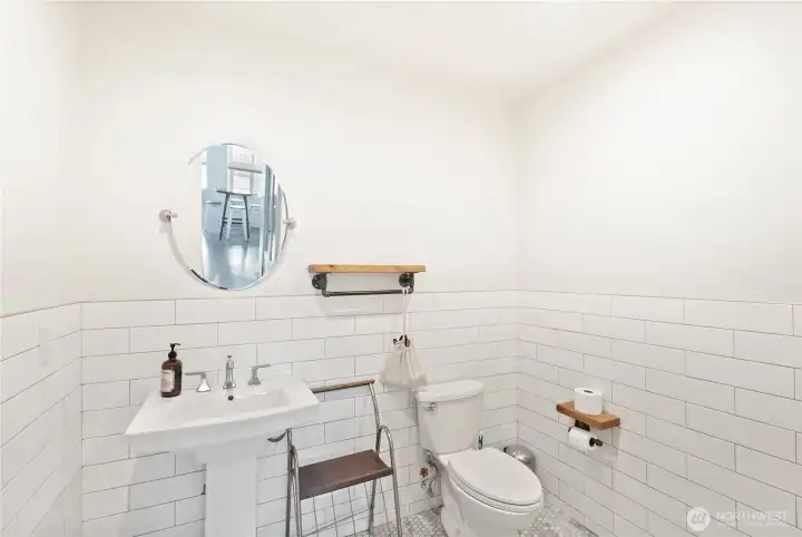Recently renovated bathroom with subway tile, and tons of space to add storage