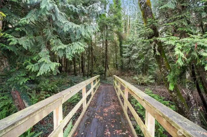 Walkway at waterfrontpark leads to trails and over a fresh water stream.