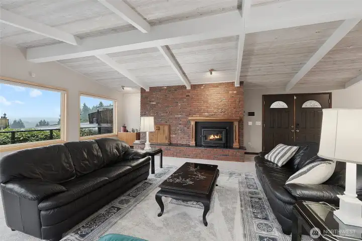 Living room with wood burning insert