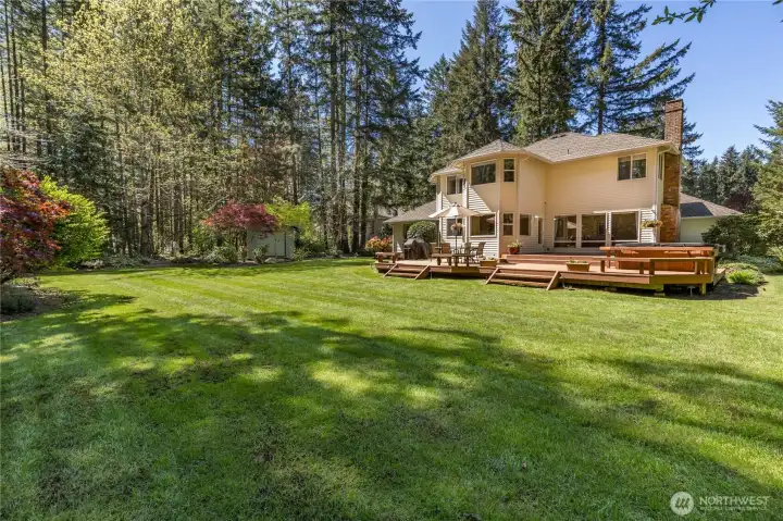 Escape to your own massive, park-like backyard. This sprawling level lot is enveloped by majestic evergreens, offering a rare level of privacy and natural beauty.