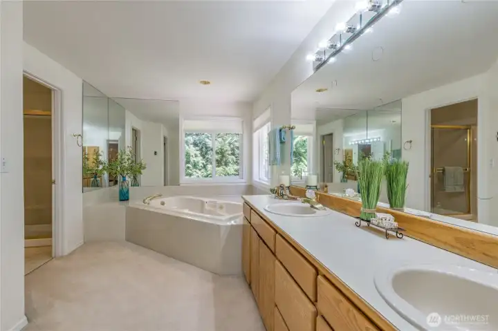 The light-filled primary bathroom offers plenty of space with a large walk-in closet, dual sinks, a deep soaking tub featuring garden views, and a private room for the shower and toilet.