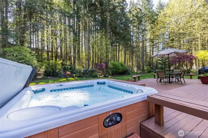Unwind in total seclusion. This premium hot tub is perfectly integrated into the multi-level deck, offering a private spa experience surrounded by a lush evergreen backdrop.