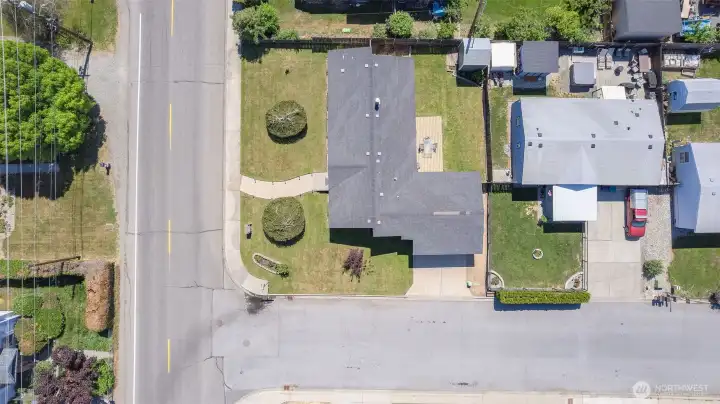 View of the property from above. Notice the secluded back yard with a garden shed!