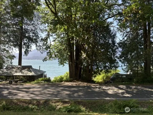 View of Lake Quinault from front window of cabin's living room.
