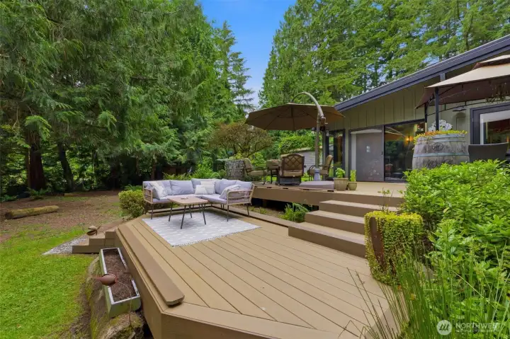 Relax or entertain on the expansive deck with a perfect vantage point of your private 5-acre oasis. Relax or entertain on the expansive deck with a perfect vantage point of your private 5-acre oasis.