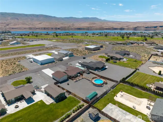 Aerial view of home facing Columbia River.
