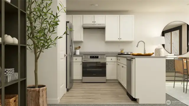 This home has white cabinets.