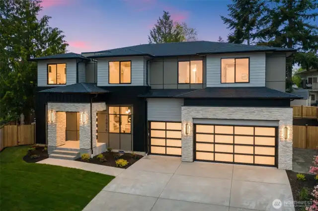 Modern exterior situated on a large, tranquil lot at the end of a cul de sac.