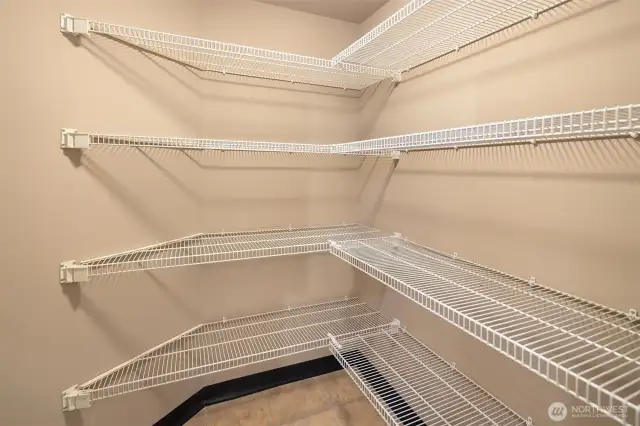 Generous sized pantry accessible through sliding door in kitchen.