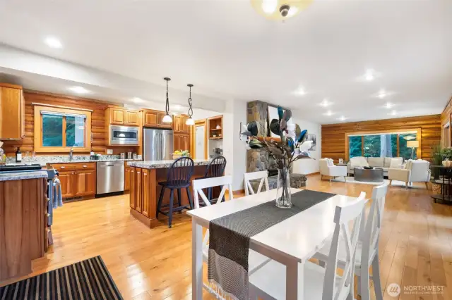 Expansive open layout with kitchen and large dining room.