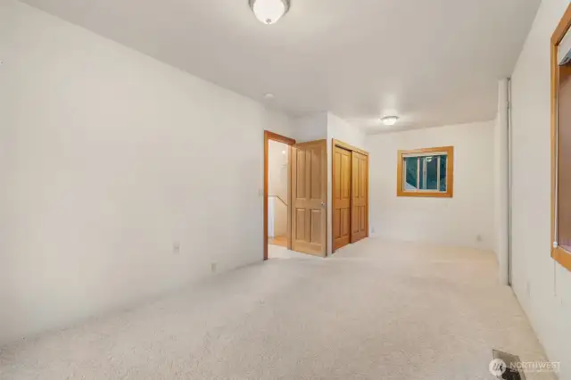 Large room with closet and multiple windows.
