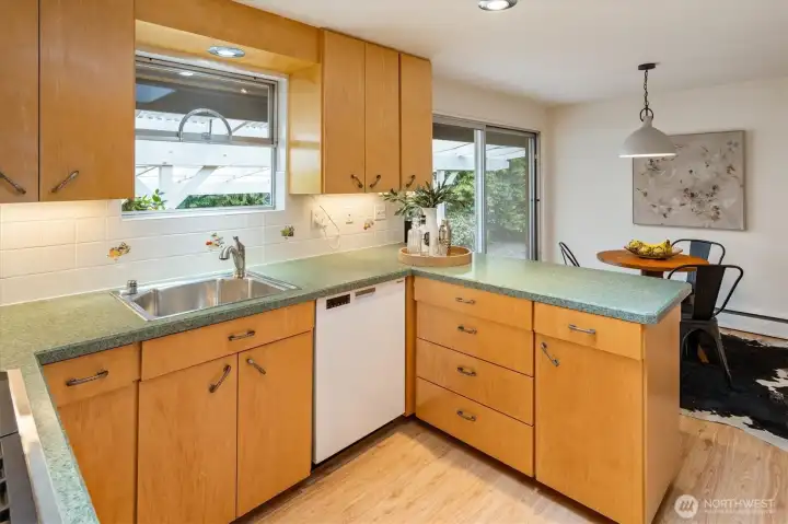 The sink looks onto the backyard.