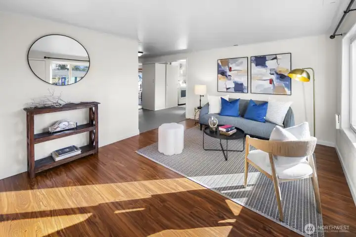 Natural light floods the living room of this west-facing home.