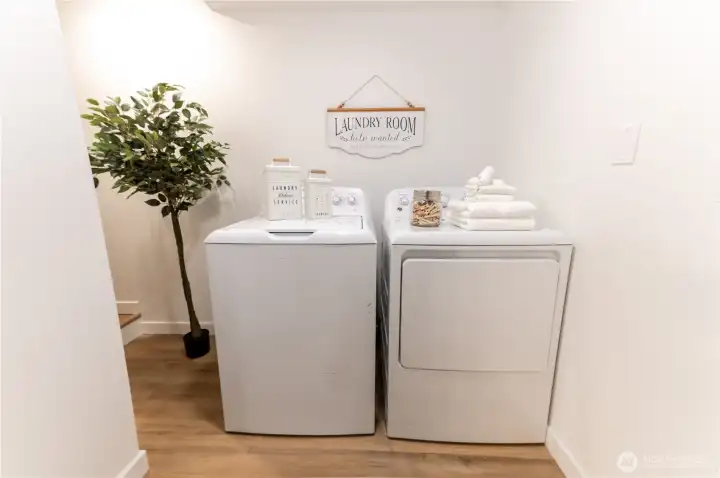 Dedicated laundry room on the lower level. Full size washer and dryer, out of the way but right where you need them.