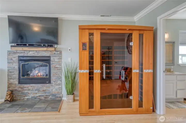 For cool Beachy evenings turn on the Stone Faced Propane Fireplace or enjoy a warm sauna!